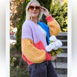Chunky Knit Colour Block Cropped Cardigan, Sz S